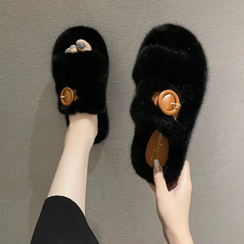 Autumn Winter Women Fashion Plus Size Belt Buckle Plush Warm Home Slippers