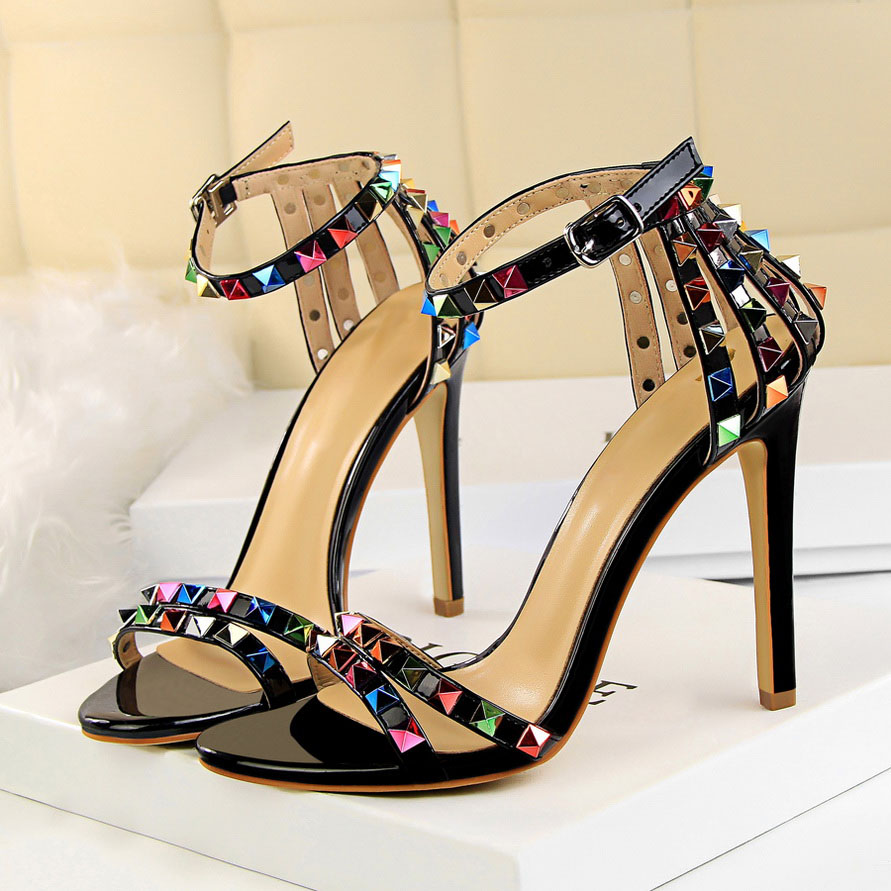 Fashion Women Sexy 11cm High Heels Rivets Studded Sandals Ankle Buckle Strap Stiletto Shoes