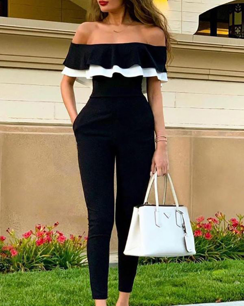 Women Black White Ruffle Line Neck Short Sleeve Neck Waist Slim Jumpsuit