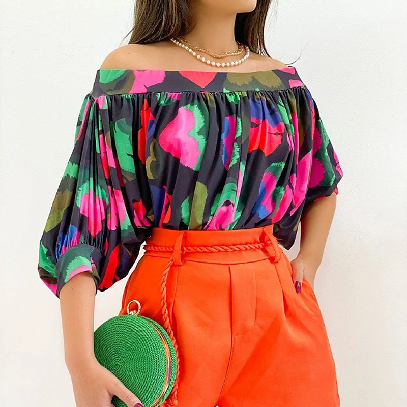 Women'S Fashion Color Contrast Pleated Off Shoulder Shirt