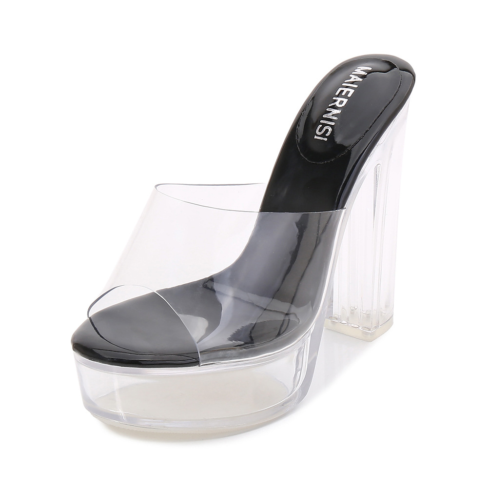 Women Fashion Plus Size Transparent Crystal Chunky Heel Platform High Heel Slippers Wedges