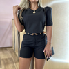 Women Fashion Elegant Round Neck Puff Sleeve Blouse High Waist Pocket Shorts Two-Piece Set