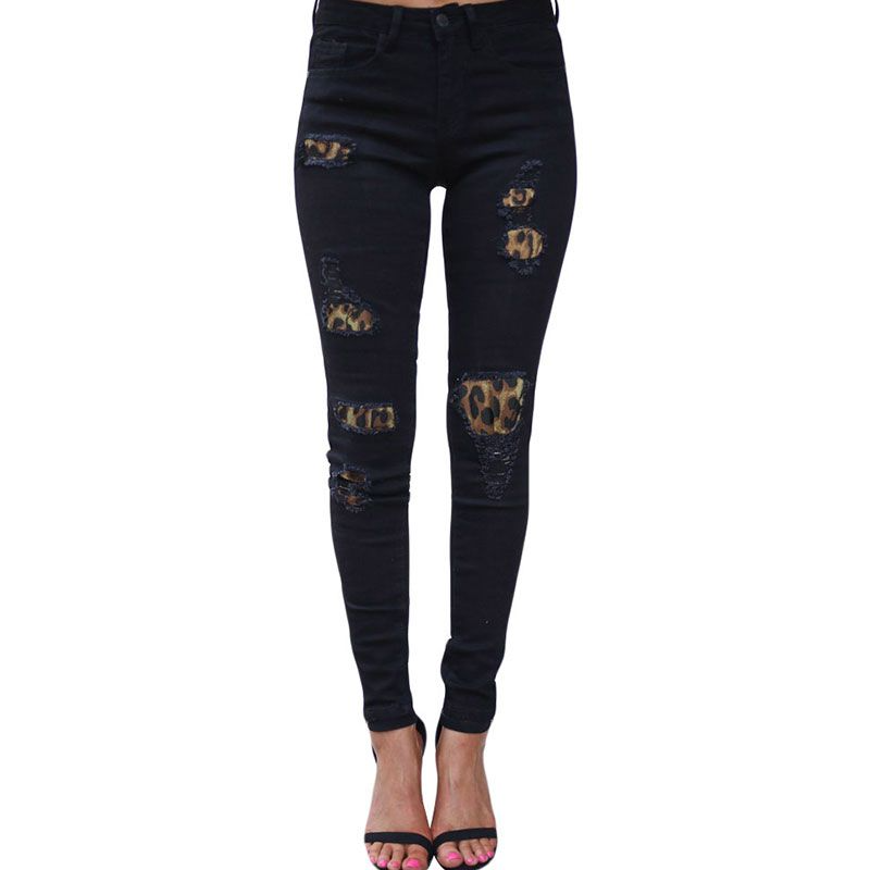 Fashion Leopard Print Patchwork Design Pencil Skinny Jeans