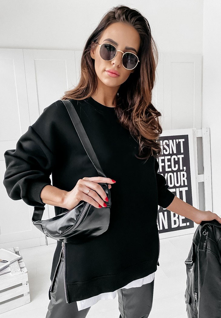 Autumn Winter Women Round Neck Side Zipper Solid Color Casual Sweatshirt