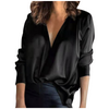 Women Fashion Elegant Pullover V-Neck Solid Color Satin Long-Sleeved Shirt Blouse