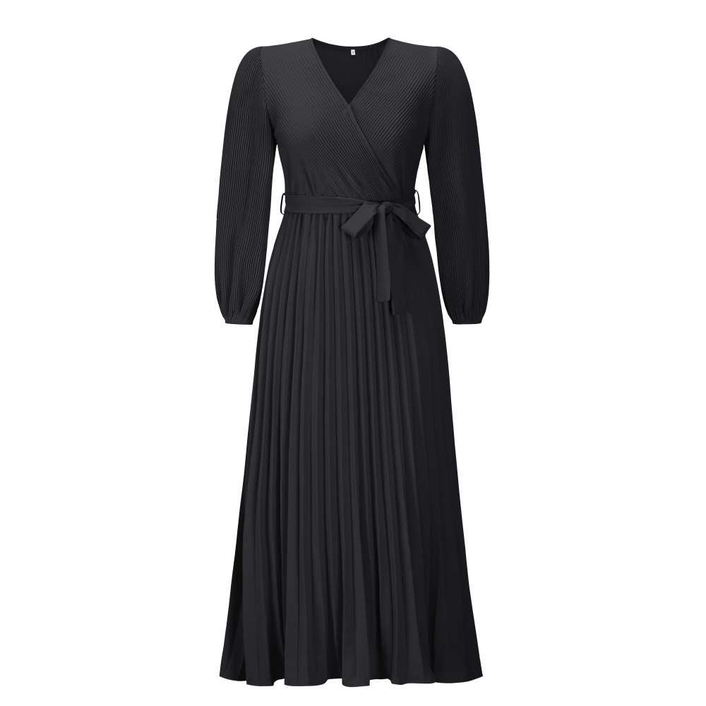 Women Fashion Casual Elegant Solid Color V-Neck Lace-Up Long-Sleeved Creased Mid-Length Dress