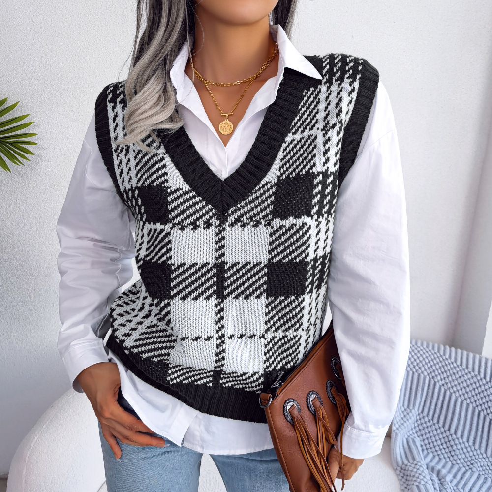 Women Fashion Casual Color Block Plaid Knitted Vest Sweater