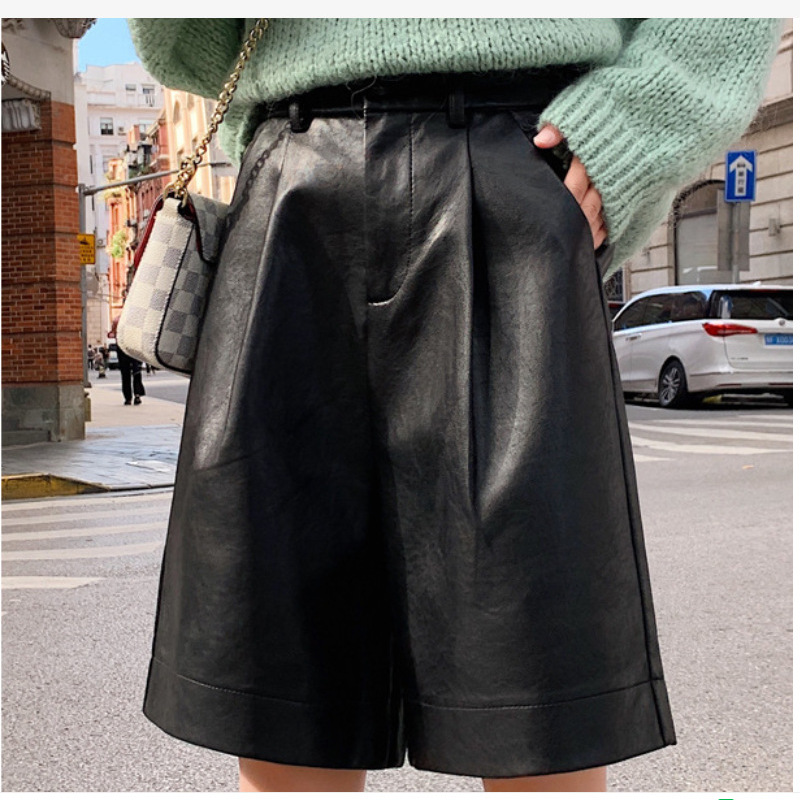 Women'S Fashion Solid Color Pu High Waist Wide Leg Shorts