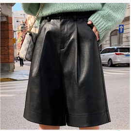 Women'S Fashion Solid Color Pu High Waist Wide Leg Shorts