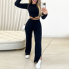 Women Fashion Casual Athleisure Solid Long-Sleeved T-Shirt Drawstring High Waist Slit Straight-Leg Pants Two-Piece Set