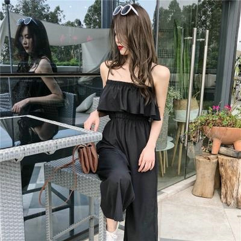 Women Solid Color Ruffle Sling Waist Casual Wide Leg Jumpsuit