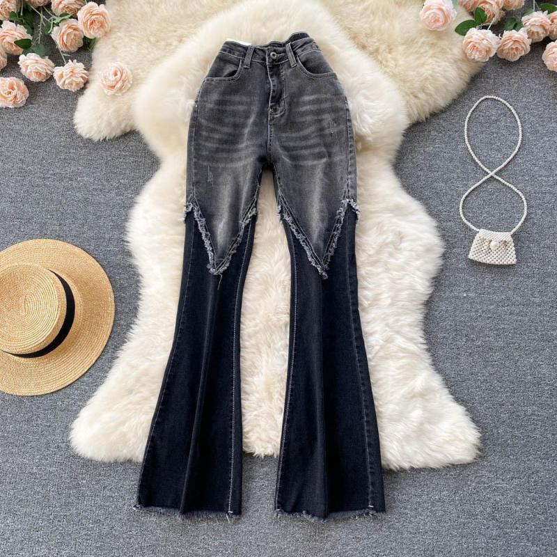 Women Creative Fashion Patchwork Raw Hem Flare Jeans