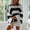 Women'S Fashion Round Neck Stripe Color Block Knit Sweater