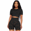 Women Fashion Casual Solid Color Hollow Short Sleeve Crop Top And Shorts Two-Piece Set