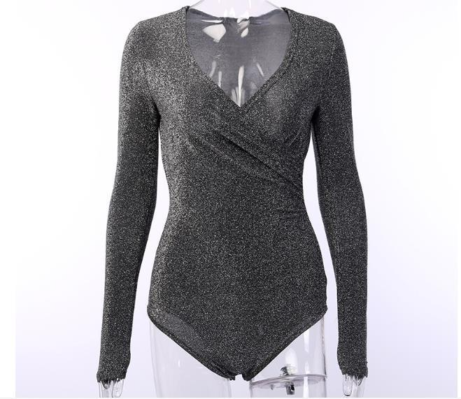 Women Sexy V-Neck Solid Color Glitter Long Sleeve Surplice Bodysuit