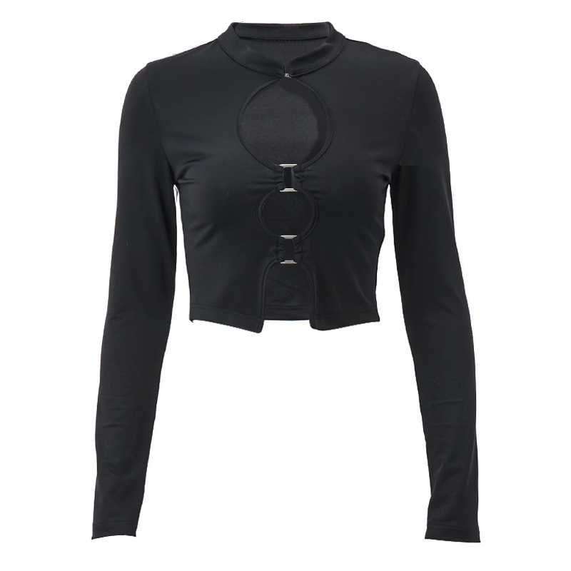 Women Retro Stand-Up Collar Hollow Short Buckle Slim Long-Sleeved Top