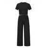 Women Summer Casual Solid Color Short Sleeve Top And Wide Leg Trousers Two-Piece Set