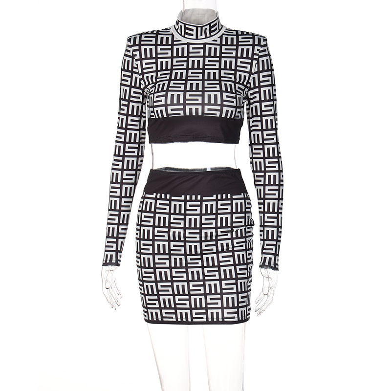 Women'S Fashion Graphic Print Stand Collar Long-Sleeved Cropped Tops Slim Fit Skirt Sets