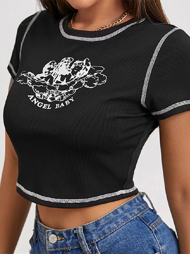 Sexy Slim-Fit Round Neck Women'S Short-Sleeved Graphic Printing Crop Top