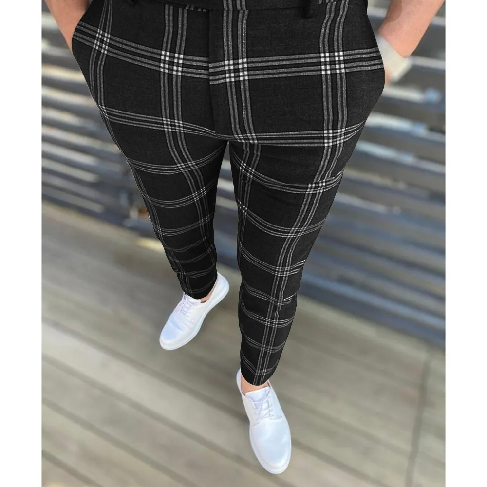 Men Casual Colorblock Plaid Striped Mid Waist Pants