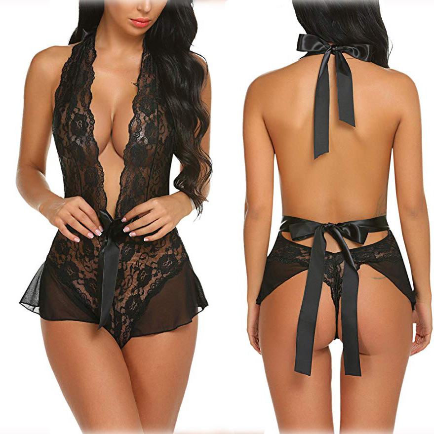 Women'S Sexy Backless Halter Neck Lace Mesh Cardigan Sexy Lingerie ( 2 PCS )