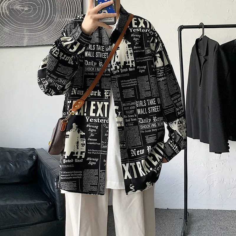 Men Casual Long Sleeve Lapel Single-Breasted Loose All Over Print Shacket