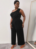 Plus Size Women Solid Color One-Shoulder Sleeveless Waist Wide-Leg Jumpsuit