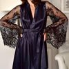 3 pieces Women Lace Long-Sleeve See-Through Solid Color Satin Night-Robe