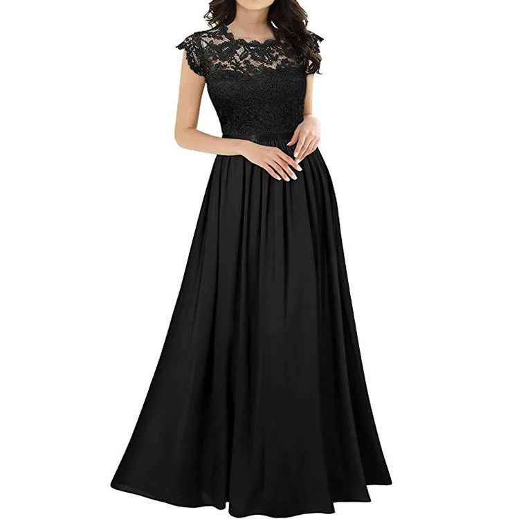 Summer Chiffon Temperament Women Elegant Maxi Solid Color Lace Stitching Party Dress