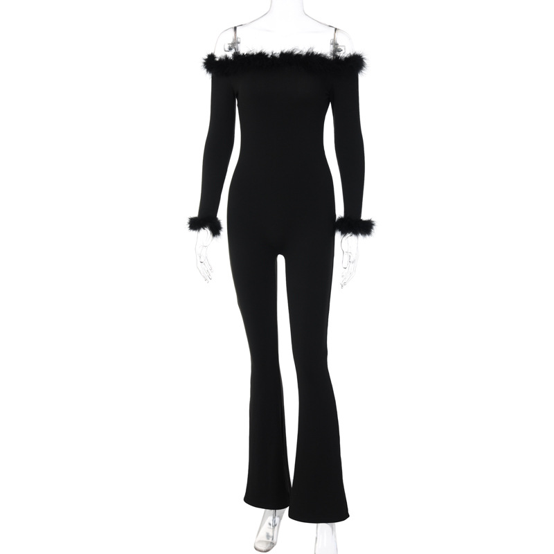 Women Solid Color Feather Long Sleeve One-Word Neck Slim Waist Fashion Jumpsuit