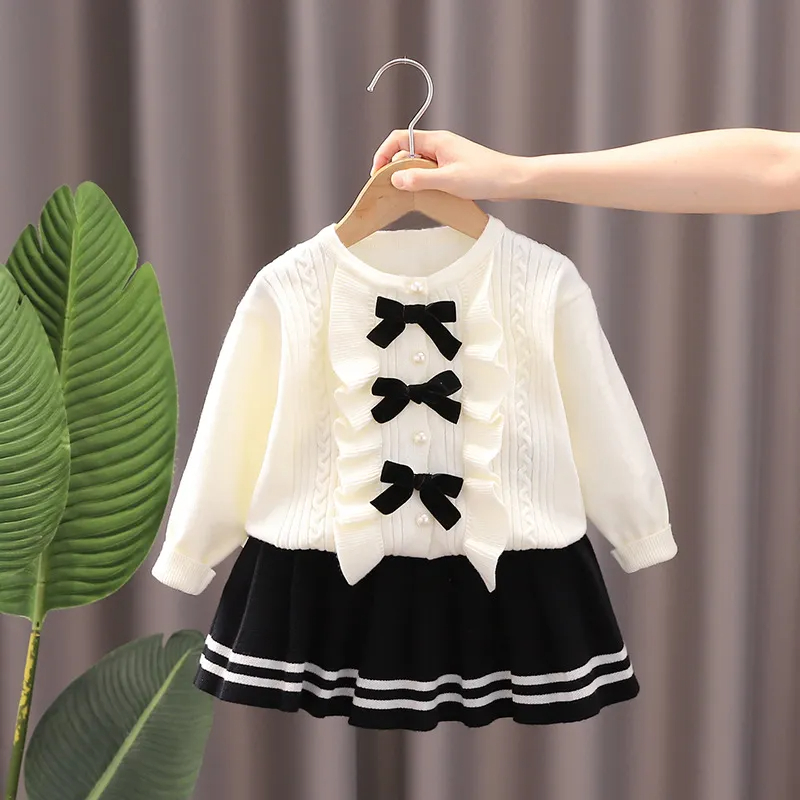 (Buy 1 Get 1 ) Kids Toddler Girls Autumn Winter Fashion Casual Simple Solid Color Bow Sweater Pleated Skirt Set