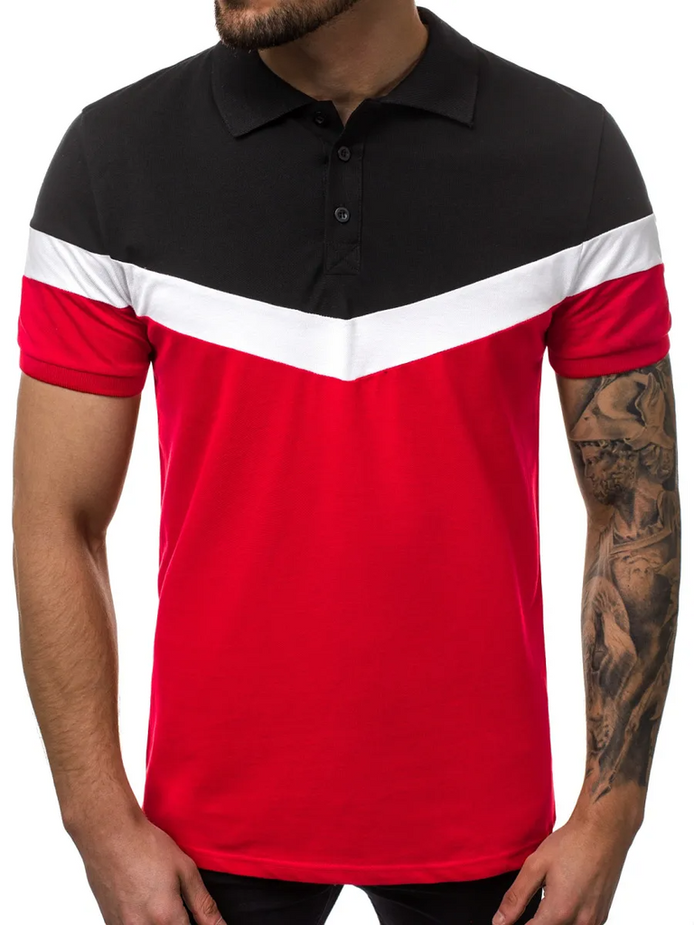 Men Fashion Casual Patchwork Colorblock Lapel Short Sleeve Slim Fit Polo Shirt