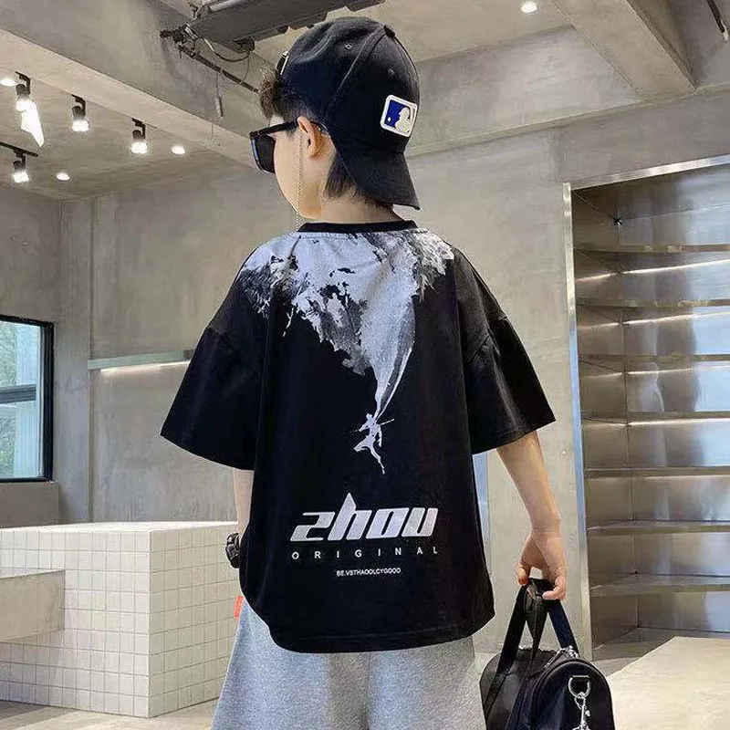 Boys Fashion Letter Ink Painting Casual T-Shirt