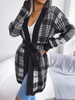 Women Fashion Plaid Strap Lantern Sleeve Casual Cardigan Sweater Coat