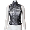 Women Sexy Summer Mesh Face Print High Collar Casual Tank Top