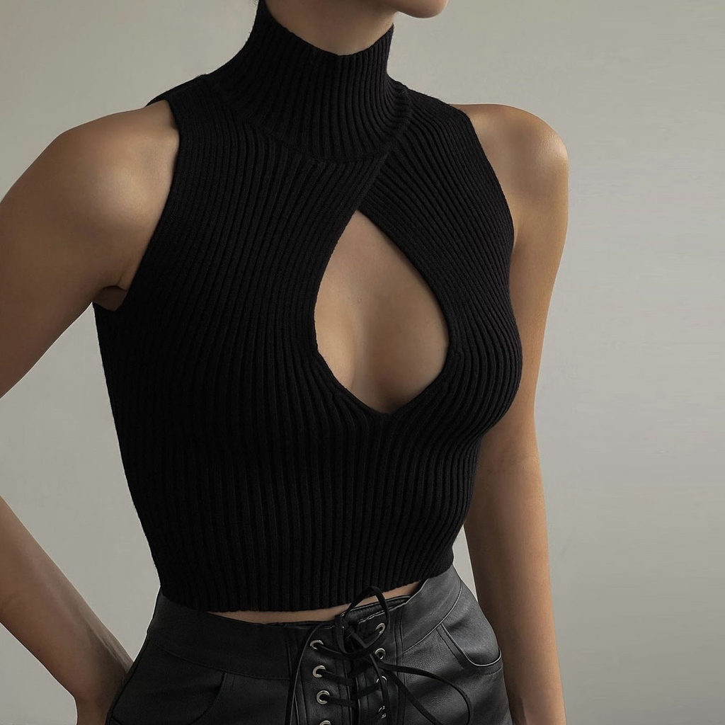 Fashion Women Solid Color Sleeveless Hollow Slim Fit Cropped Knitwear Top