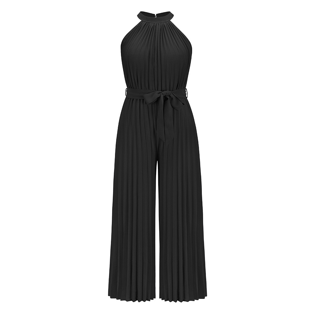 Women Solid Color Halter Neck Pleated Waist Fashion Wide Leg Jumpsuit