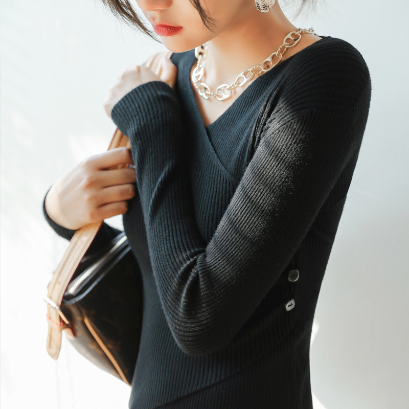 Women V-Neck Fashion Long-Sleeved Irregular Side Button Surplice Knitwear