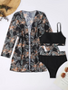 Women Summer Vacation Sexy Leaf Floral Printed Swimsuit Three-Piece Set