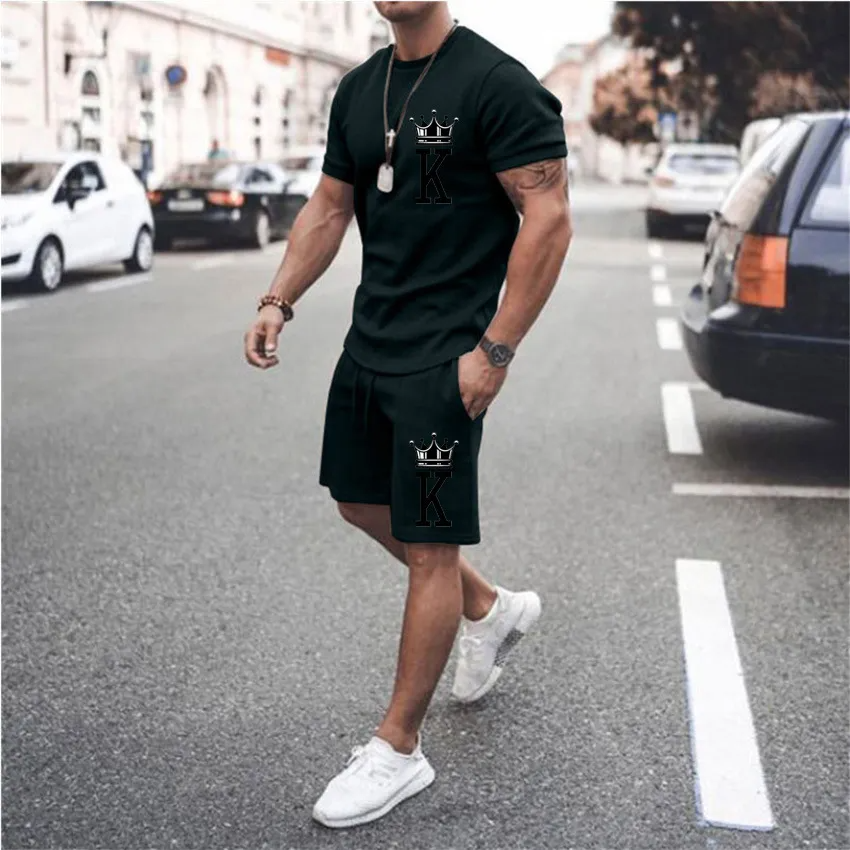 Men Basic Short Sleeve Round Neck Letter Printed T-Shirt And Drawstring Waist Shorts Two-Piece Set