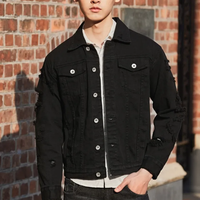 Men'S Fashion Solid Color Loose Ripped Cotton Denim Jacket