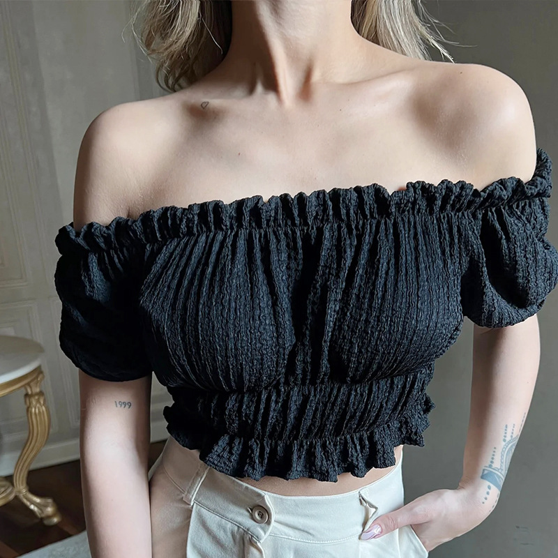 Women'S Fashion Solid Color Ruffled Wood Ear Trim Off Neck Cropped Top