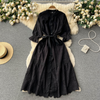 Women Elegant Boho Vacation Solid Color Embroidered Hollow Slim Cropped Sleeve Lace-Up Mid-Length Dress