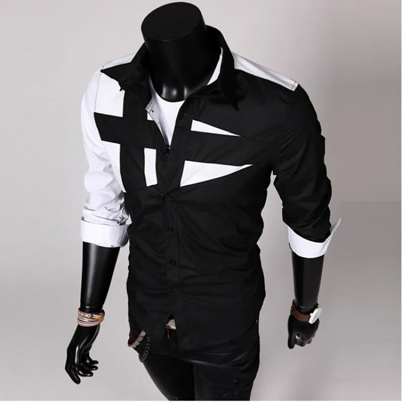 Men Fashion Contrast Color Splicing Lapel Slim Long Sleeve Shirt