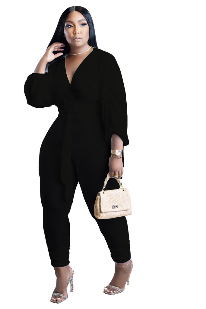 Women Plus Size Fashion Casual Solid Color Rib-Knit Long Sleeve V Neck Jumpsuits