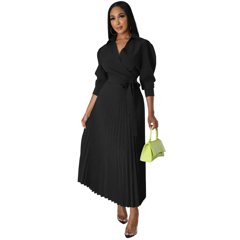 Women Ramadan /Eid Fashion Solid Color Long Sleeve Polo Collar High Waist Pleated Dress