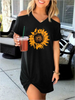 Women Fashion Summer Vacation Casual Sunflower Printing Cool-Shoulder Dress