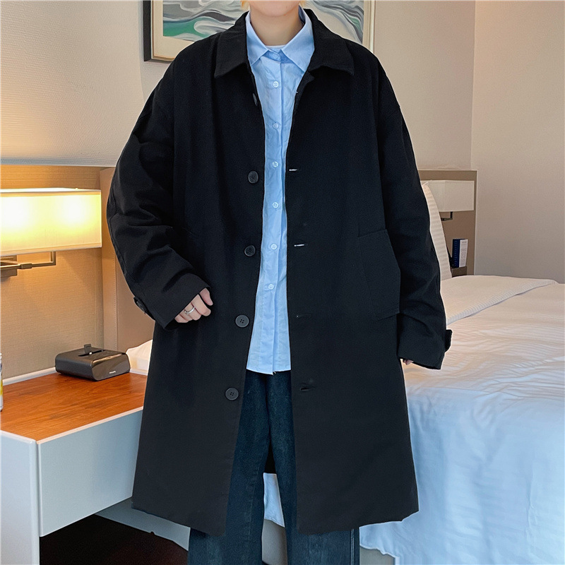 Men Basic Long Sleeve Lapel Single-Breasted Pocket Design Loose Solid Color Topcoat