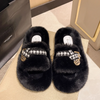 Autumn Winter Women Fashionable Houndstooth Belt Buckle Plush Round Toe Flat Home Slippers