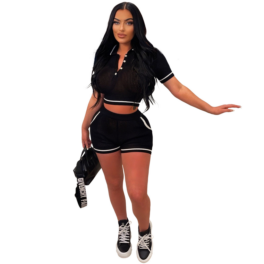 Fashion Casual Women'S V-Neck Short-Sleeved Crop Top Stitching Slim-Fit Shorts Set